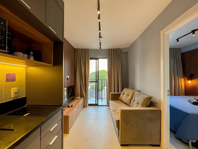 With a swimming pool, located near Moema subway station