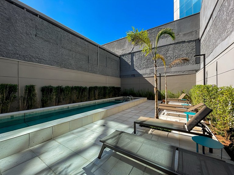 With swimming pool near Faria Lima subway station