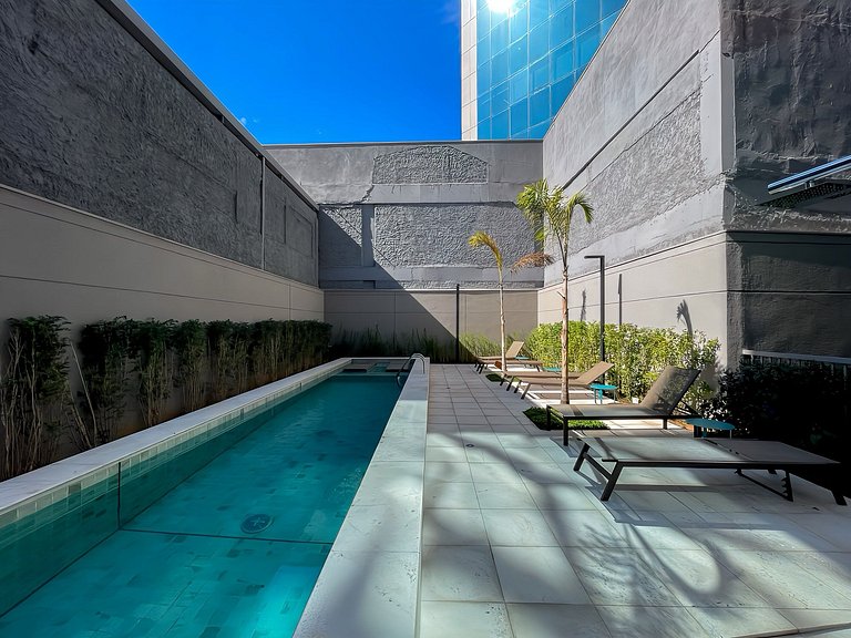 With swimming pool near Faria Lima subway station